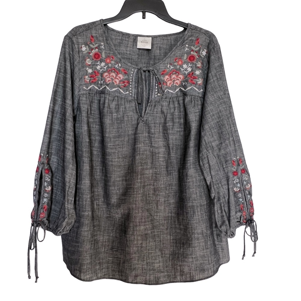 Knox Rose Plus Size Embroidered Self Tie Keyhole Neckline Pullover Blouse